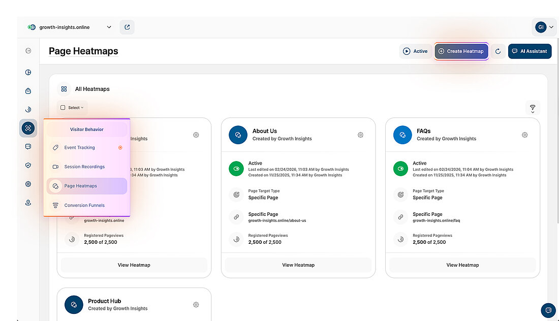 Platform screenshot showing where to create a new heatmap from the heatmaps overview