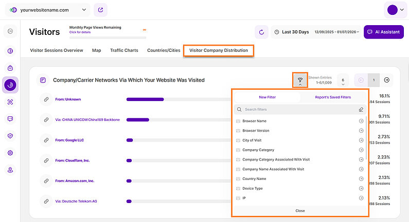 Search Company Name in the Visitor Company Distribution tab