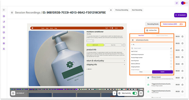 Options to Filter Visitor's Actions
