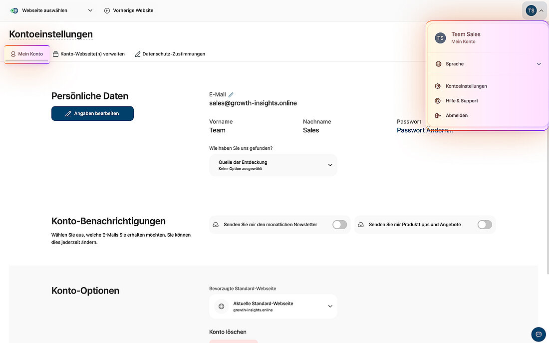Screenshot der Plattformeinstellungen mit der Navigation zu den Kontoeinstellungen und dem Bereich "Mein Konto", in dem persönliche Daten und Rechnungsdaten überprüft werden