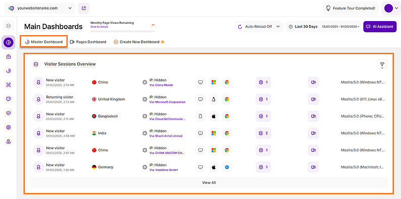 Latest Visitors Overview in the Master Dashboard